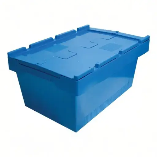 [PLMU-6424AZ] Caja de plástico apilable y encajable Norma Europa con tapa integrada 600x400x240h, Pack de 10 unidades
