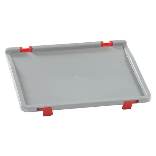 [PLEU-43TBCGR] Tapa de plástico con 2 clips de cierre y 2 bisagras para cajas 400x300 | Dim.: 400x300x25h mm.